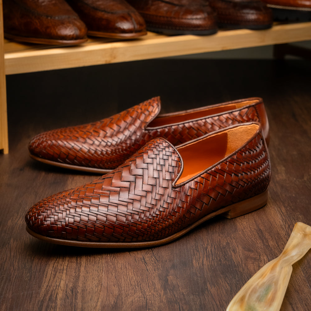 RIZZO Italian Calfskin Basketweave Loafer, Cognac