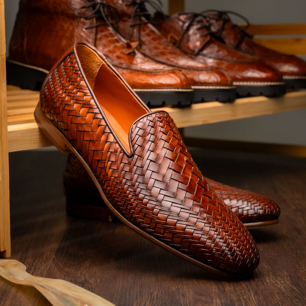 RIZZO Italian Calfskin Basketweave Loafer, Cognac