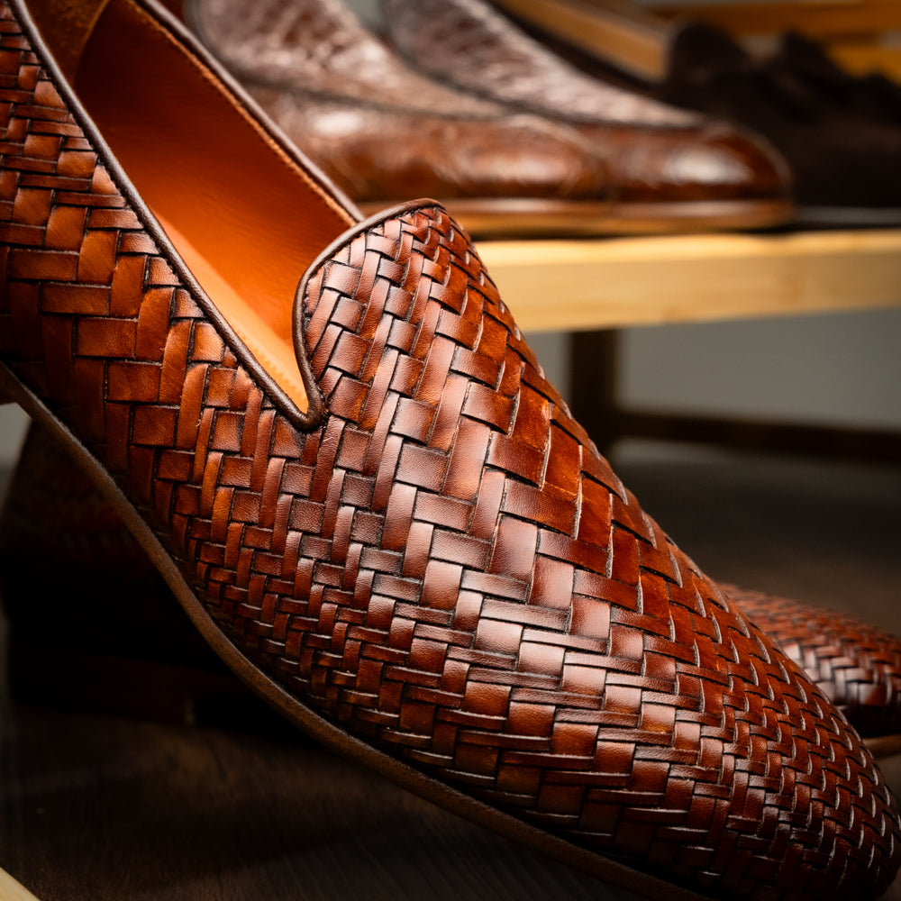 RIZZO Italian Calfskin Basketweave Loafer, Cognac