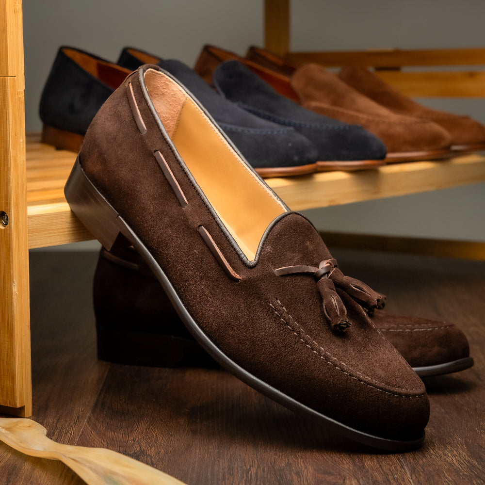 16-583-NIC FRANCO Italian Suede Goatskin Tassel Loafer, Nicotine