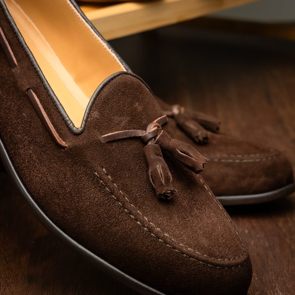 16-583-NIC FRANCO Italian Suede Goatskin Tassel Loafer, Nicotine