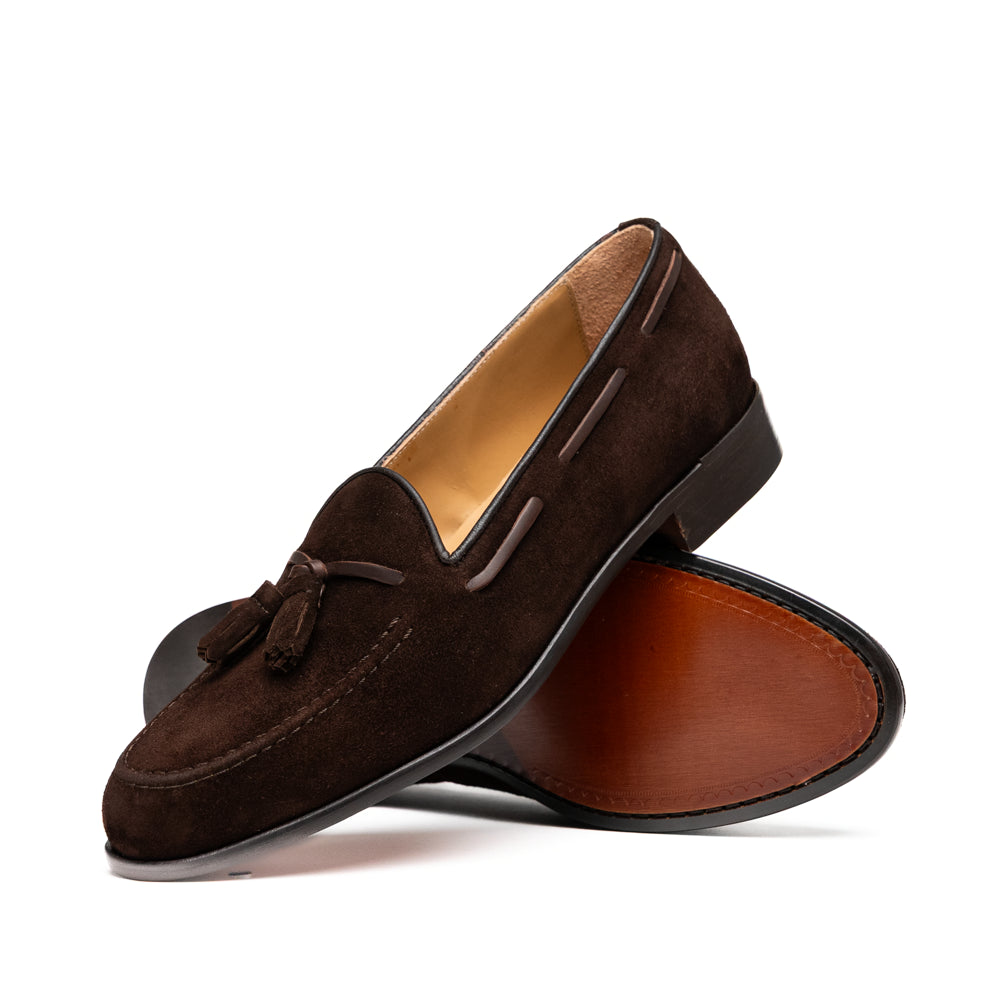 16-583-NIC FRANCO Italian Suede Goatskin Tassel Loafer, Nicotine