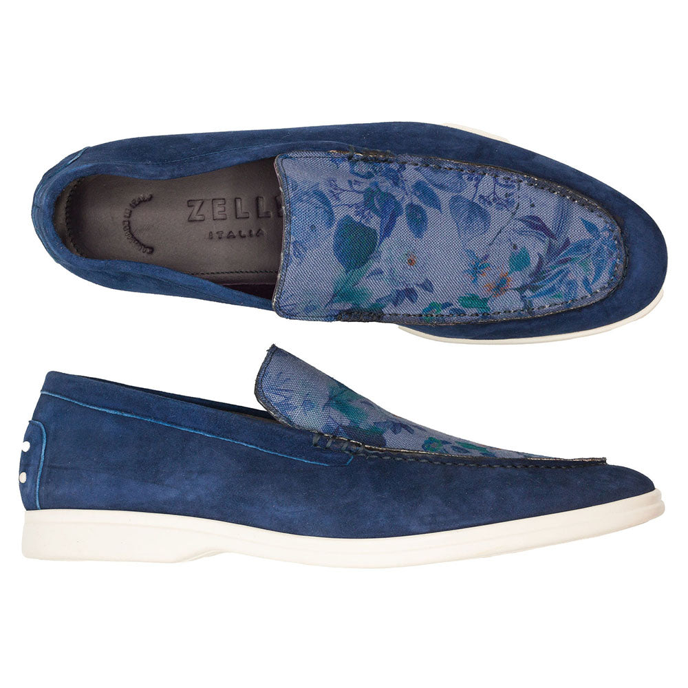 16-678-NVY BENE Sueded Italian Goatskin & Floral Print Loafer Navy