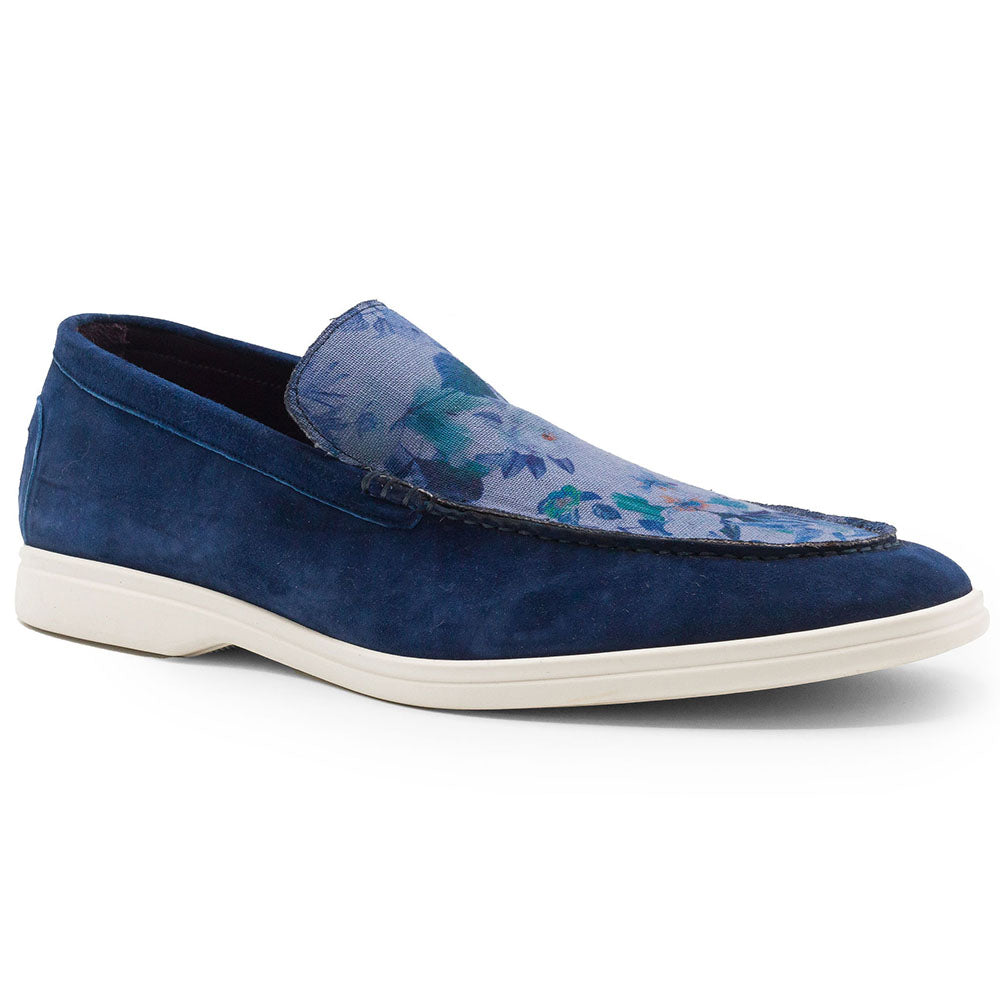 16-678-NVY BENE Sueded Italian Goatskin & Floral Print Loafer Navy