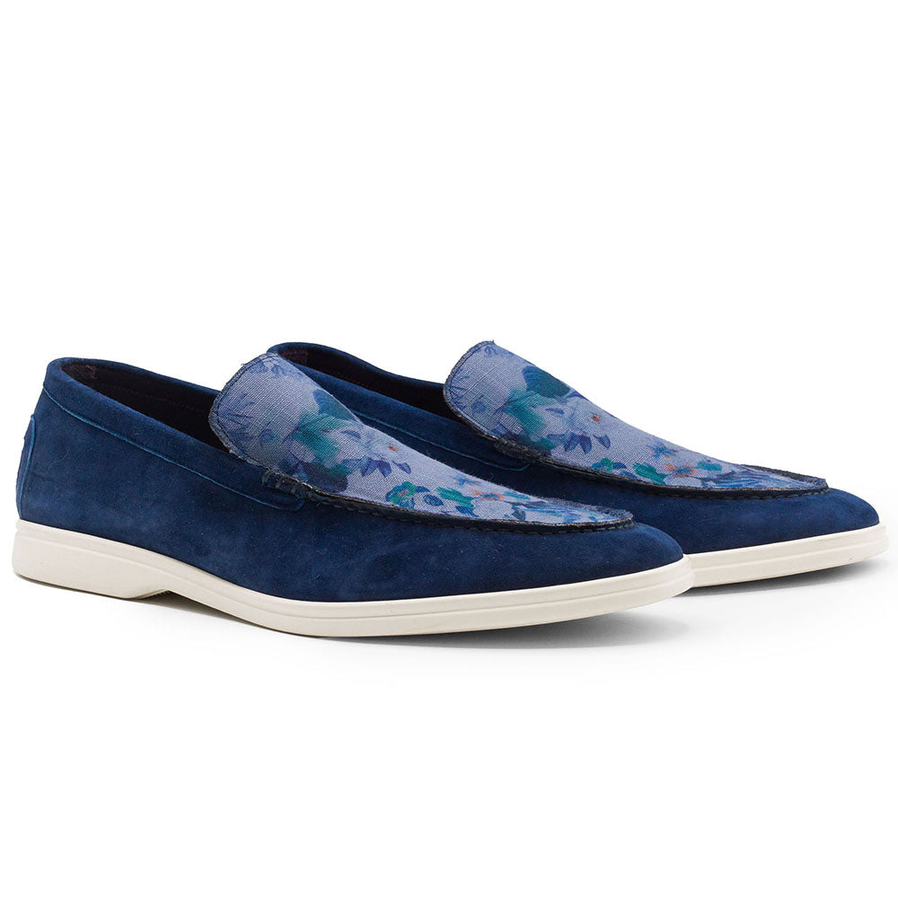 16-678-NVY BENE Sueded Italian Goatskin & Floral Print Loafer Navy