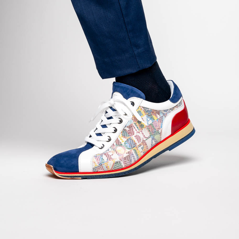 65-211-BLU ALPHA Sueded Calfskin with Print Sneaker, Blue