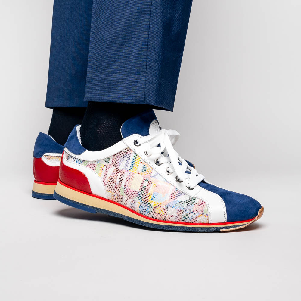 65-211-BLU ALPHA Sueded Calfskin with Print Sneaker, Blue