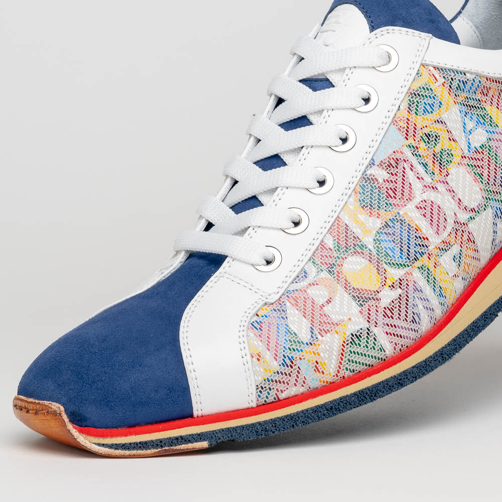 65-211-BLU ALPHA Sueded Calfskin with Print Sneaker, Blue