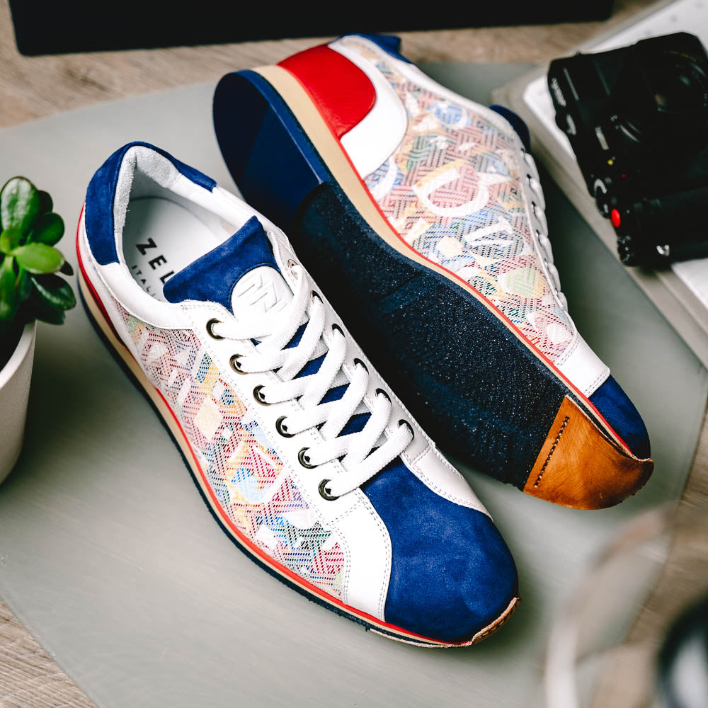 65-211-BLU ALPHA Sueded Calfskin with Print Sneaker, Blue