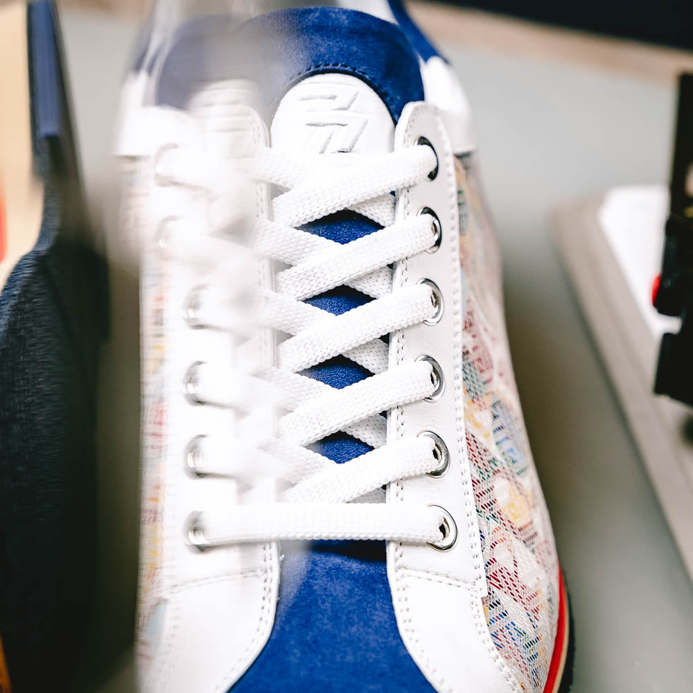 65-211-BLU ALPHA Sueded Calfskin with Print Sneaker, Blue