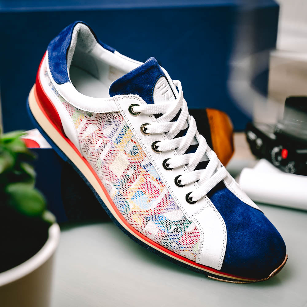 65-211-BLU ALPHA Sueded Calfskin with Print Sneaker, Blue