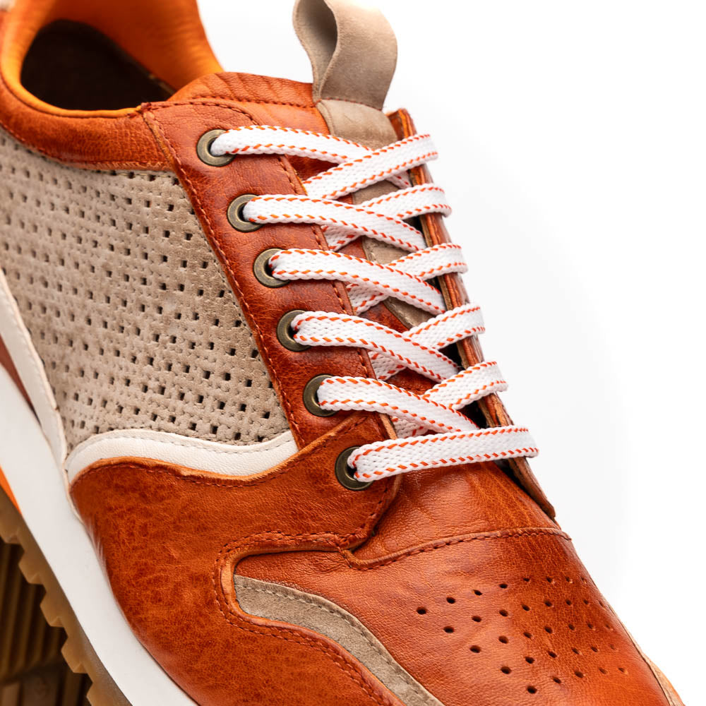 65-224-ONG MATTEO Italian Calf and Suede Perforated Sneakers, Burnt Orange