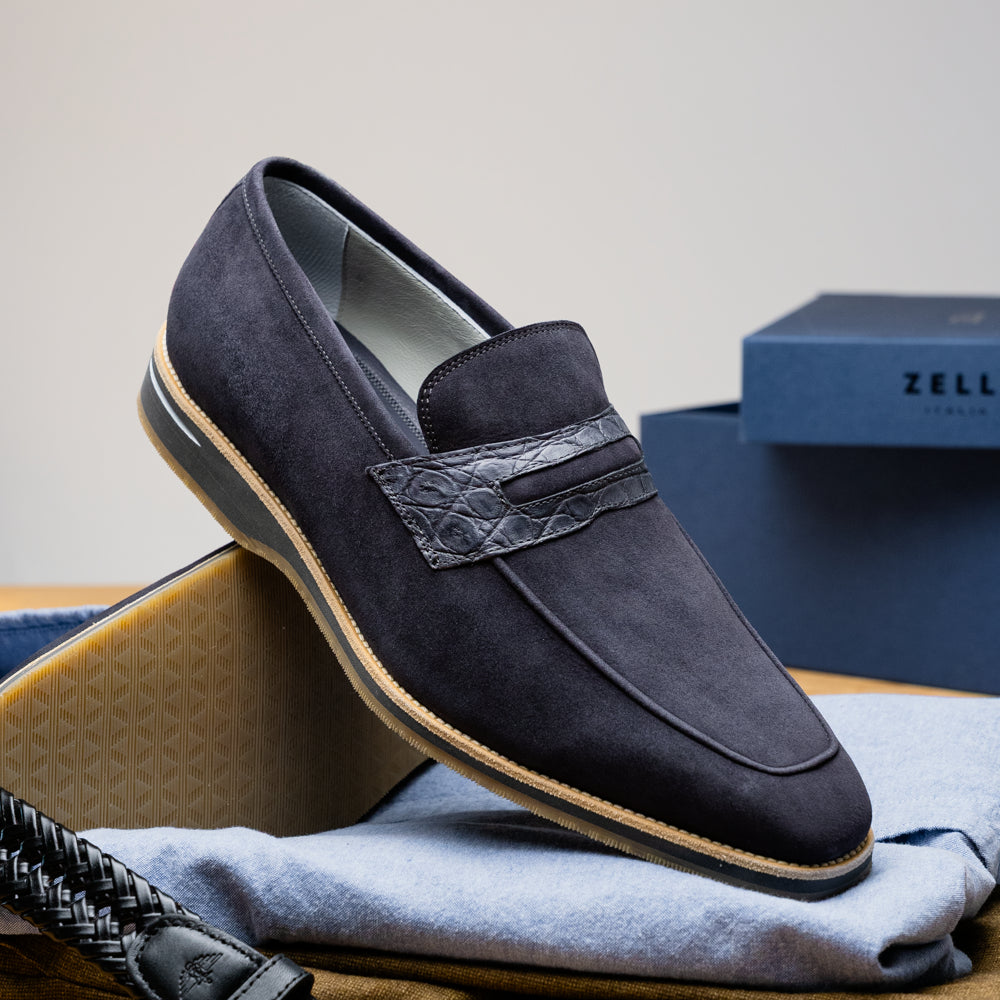 11-035-GRY MEO 3 Sueded Goatskin Penny Loafer, Grey