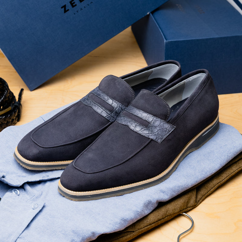 11-035-GRY MEO 3 Sueded Goatskin Penny Loafer, Grey