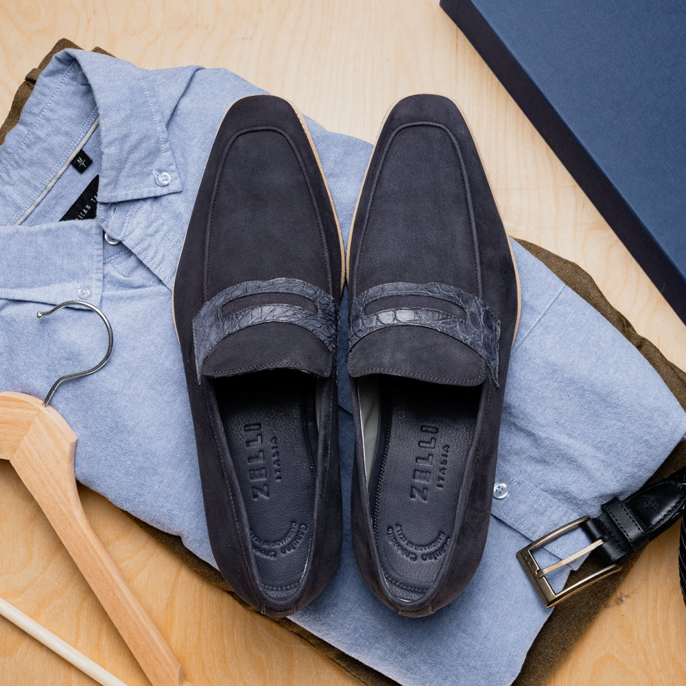 11-035-GRY MEO 3 Sueded Goatskin Penny Loafer, Grey