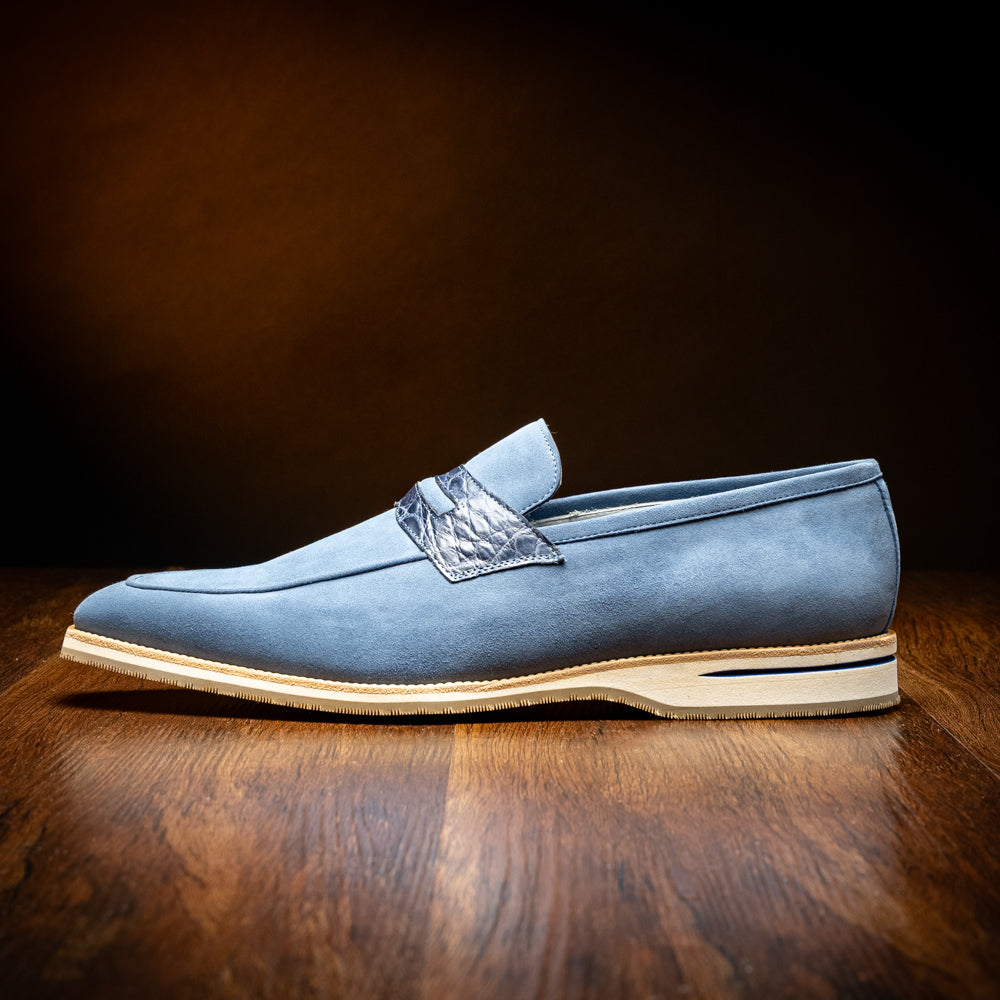 11-020-BLU MEO 3 Sueded Goatskin Penny Loafer, Water Blue