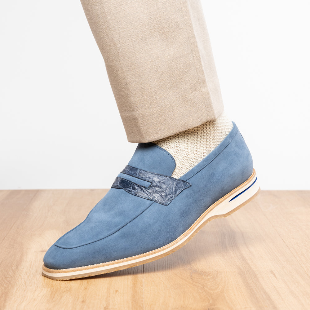 11-020-BLU MEO 3 Sueded Goatskin Penny Loafer, Water Blue