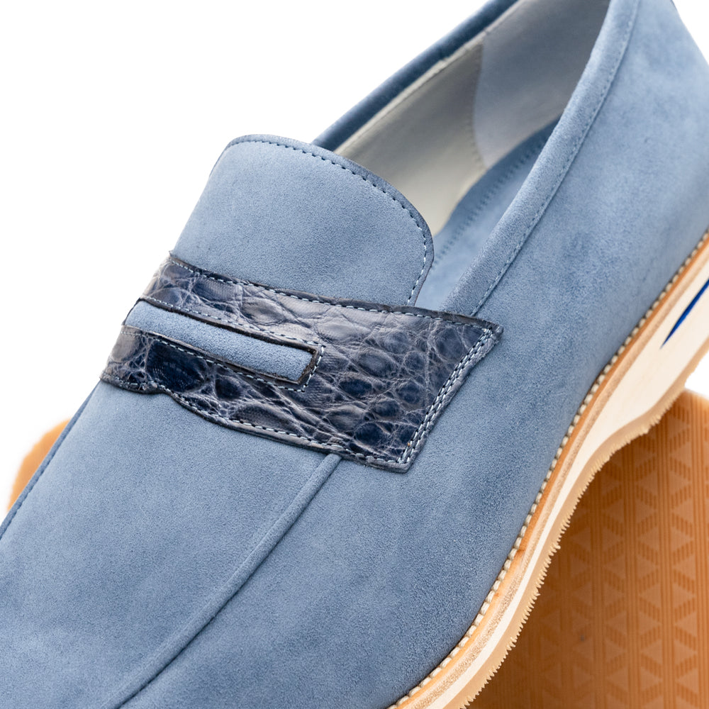 11-020-BLU MEO 3 Sueded Goatskin Penny Loafer, Water Blue
