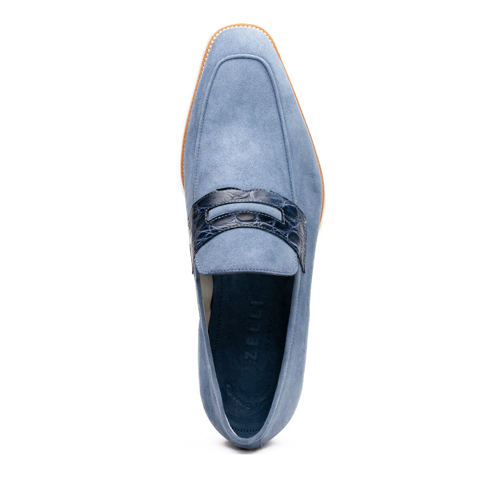 11-020-BLU MEO 3 Sueded Goatskin Penny Loafer, Water Blue