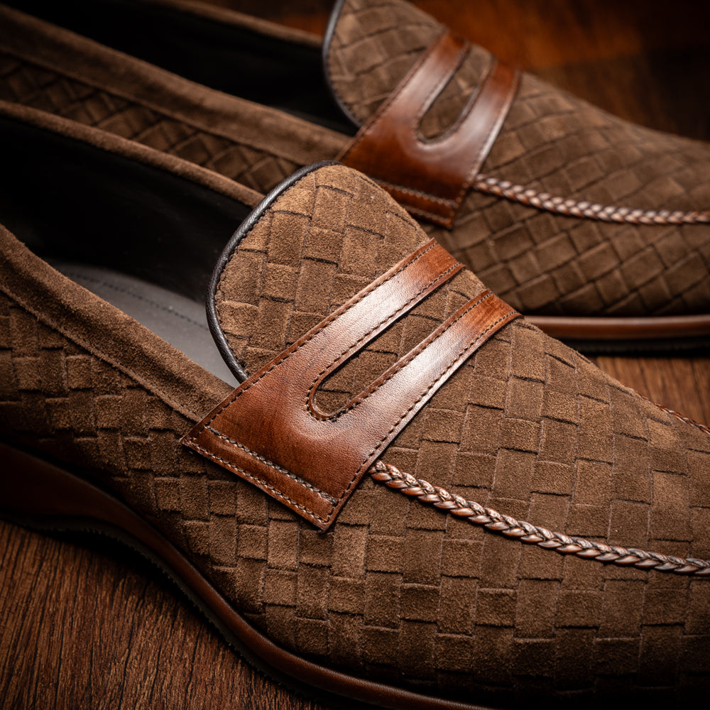 16-696-BRN PISA Italian Suede Hand-Woven Loafers Brown
