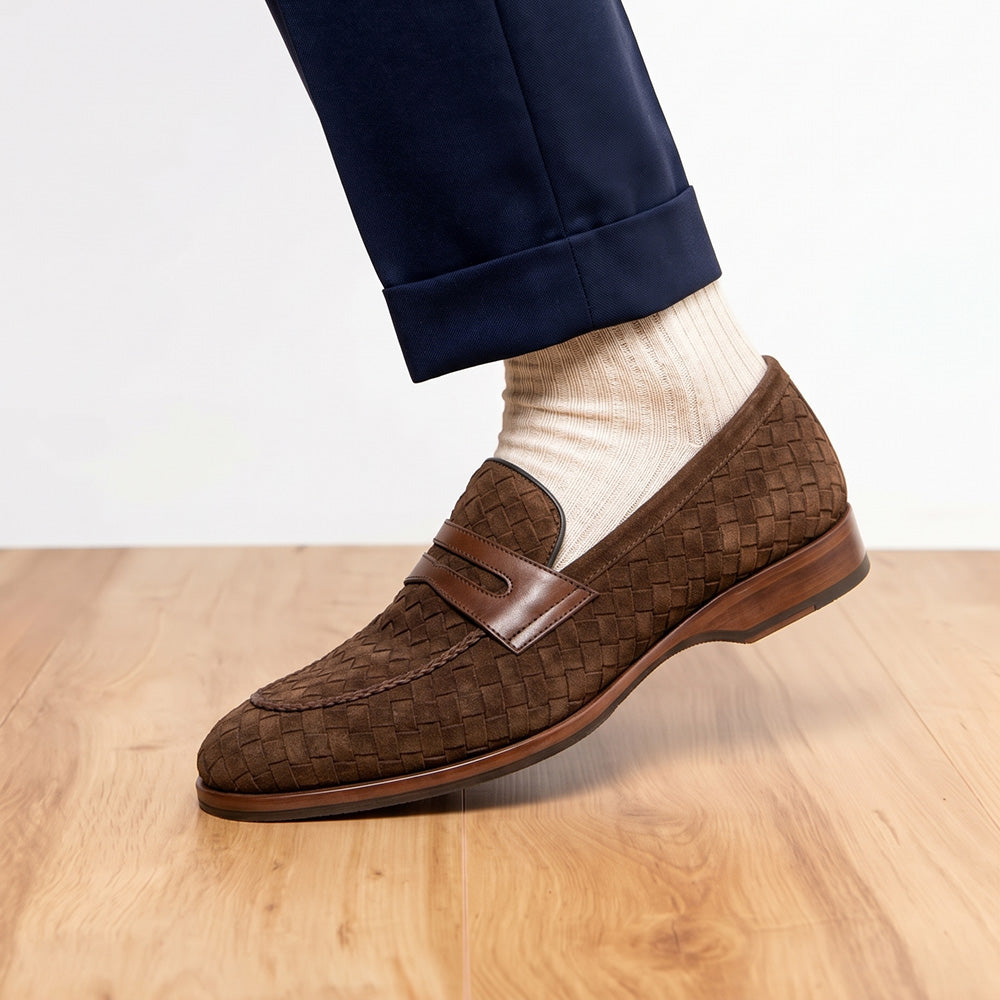 16-696-BRN PISA Italian Suede Hand-Woven Loafers Brown