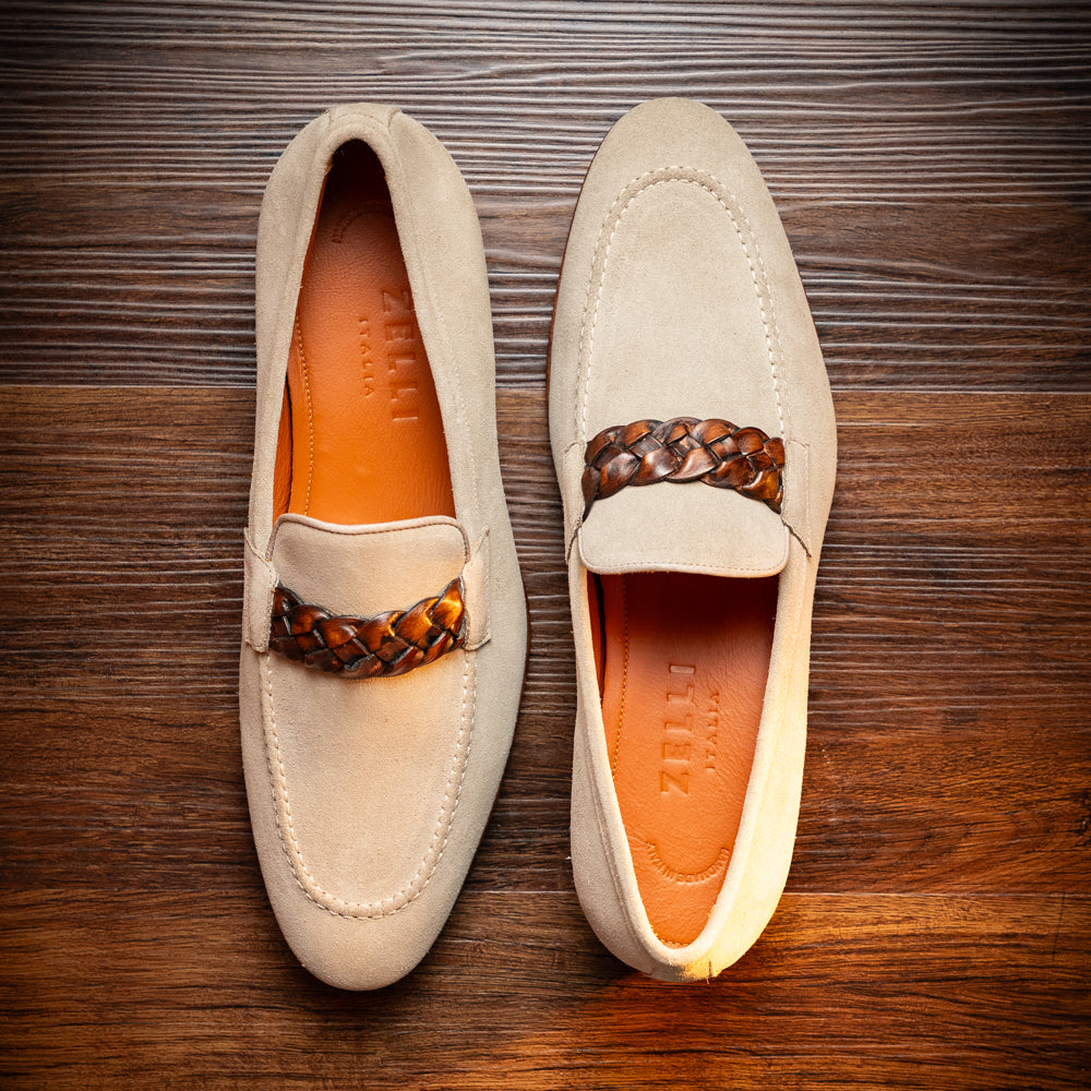 16-695-STN PISA Italian Suede Hand-Woven Loafers STONE