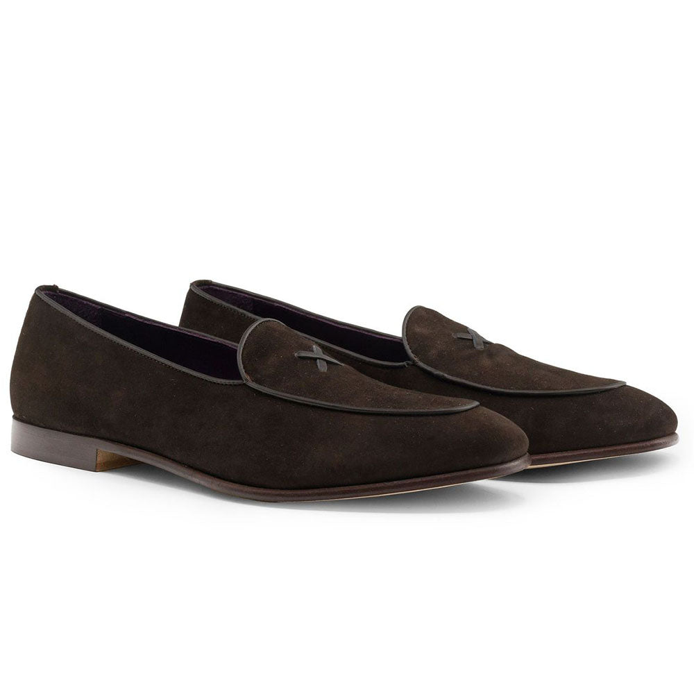 16-681-NIC X Italian Sueded Goatskin Loafer, Nicotine