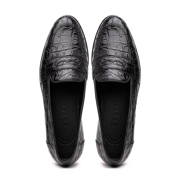 11 119 BKM BLK TUSCANY Crocodile Penny Loafer Black Zelli