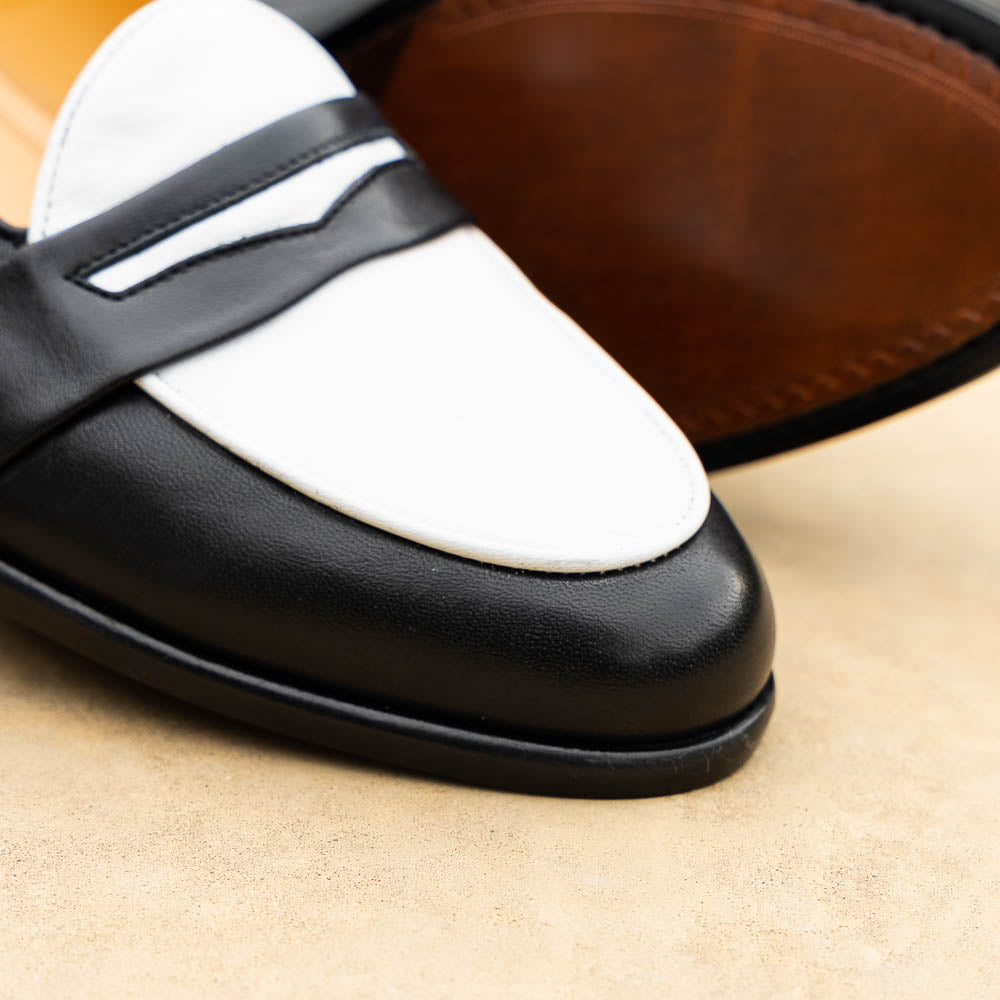 15-300-BKW ALBA Calfskin Penny Loafer, Black/White