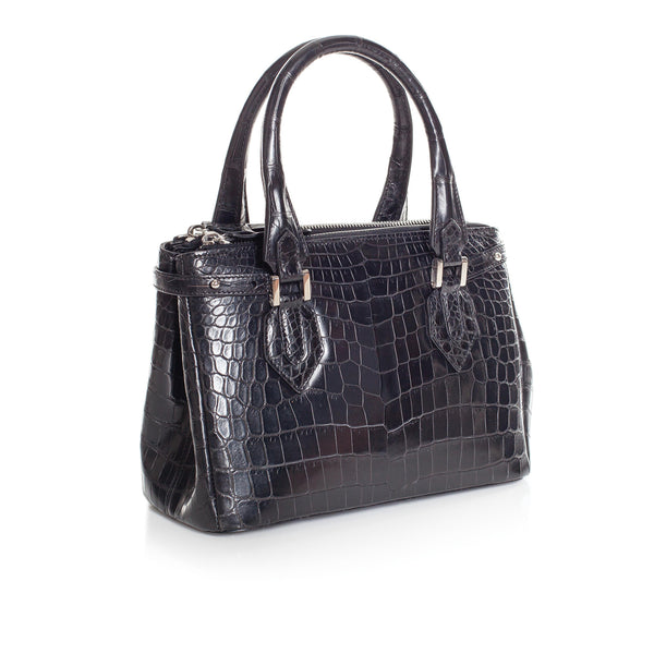 Black Croc Embossement Leather Satchel Bag