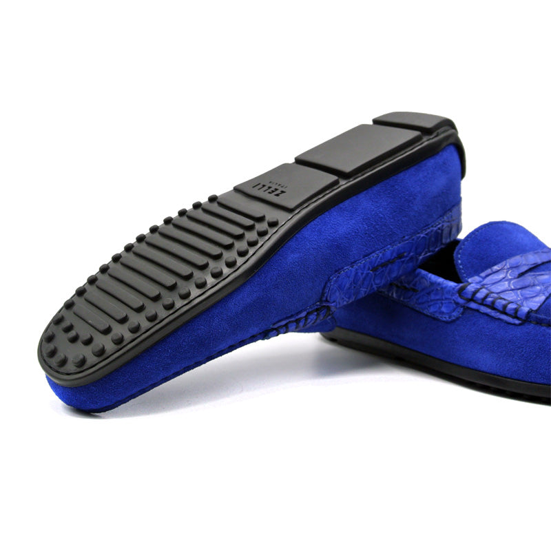 31-160-BLU MONZA Sueded Calfskin with Crocodile Driver, Royal Blue