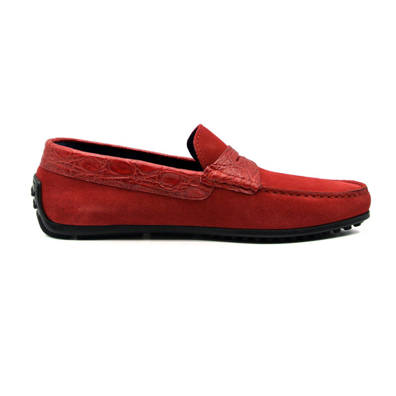 31-160-RED MONZA Sueded Calfskin with Crocodile Driver, Red