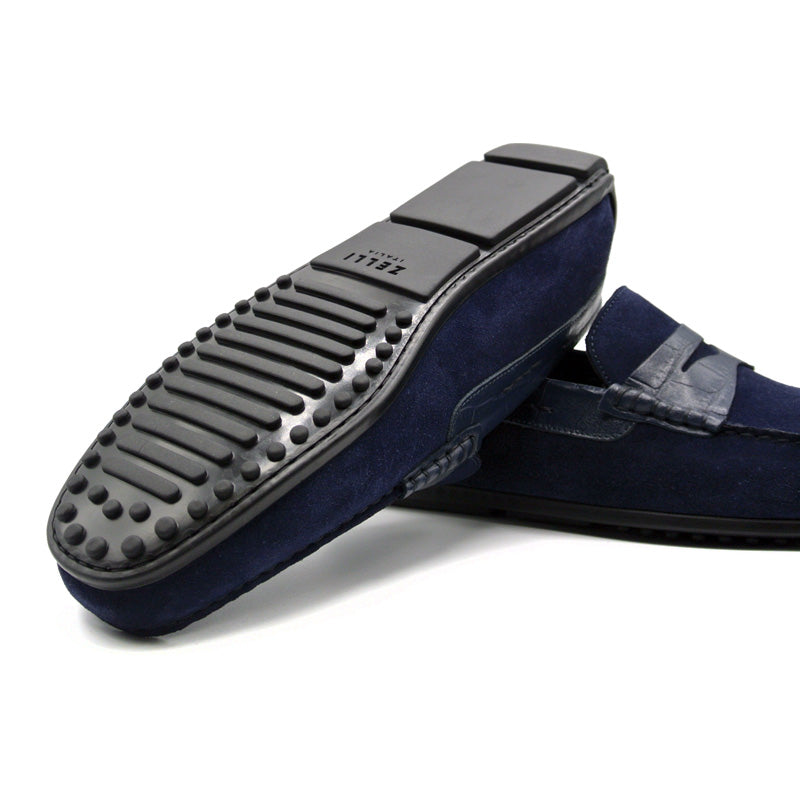 31-161-NVY MONZA Sueded Calf & Crocodile Embossed Driver, Navy