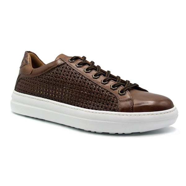 65-202-CGN VENTO Calfskin Side Weave & Embossed Crocodile Sneaker, Cognac