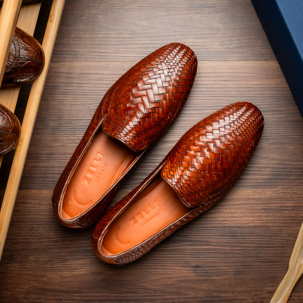 RIZZO Italian Calfskin Basketweave Loafer, Cognac