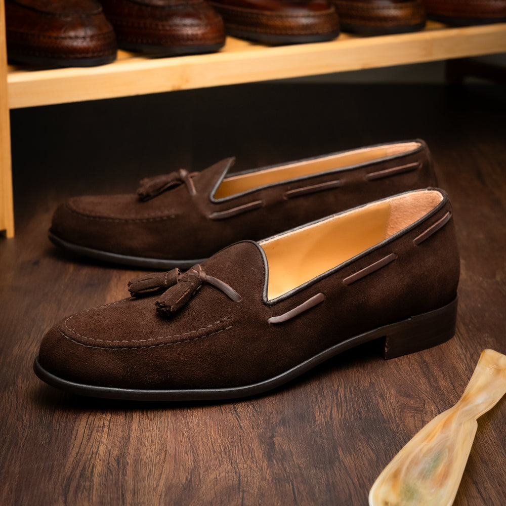 16-583-NIC FRANCO Italian Suede Goatskin Tassel Loafer, Nicotine