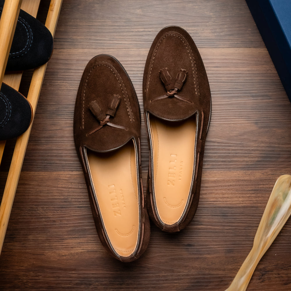 16-583-NIC FRANCO Italian Suede Goatskin Tassel Loafer, Nicotine