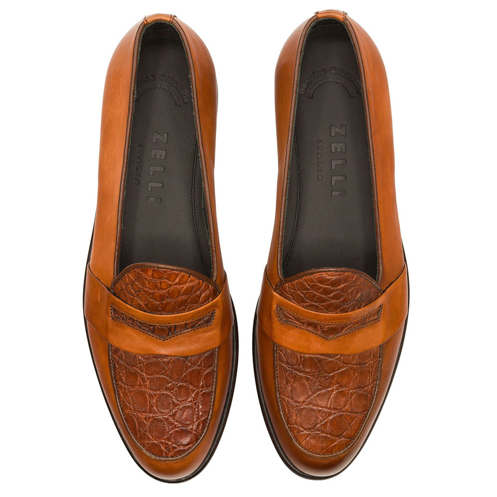 11-627-CGN MILAN Crocodile & Calfskin Slip On Loafer, Cognac