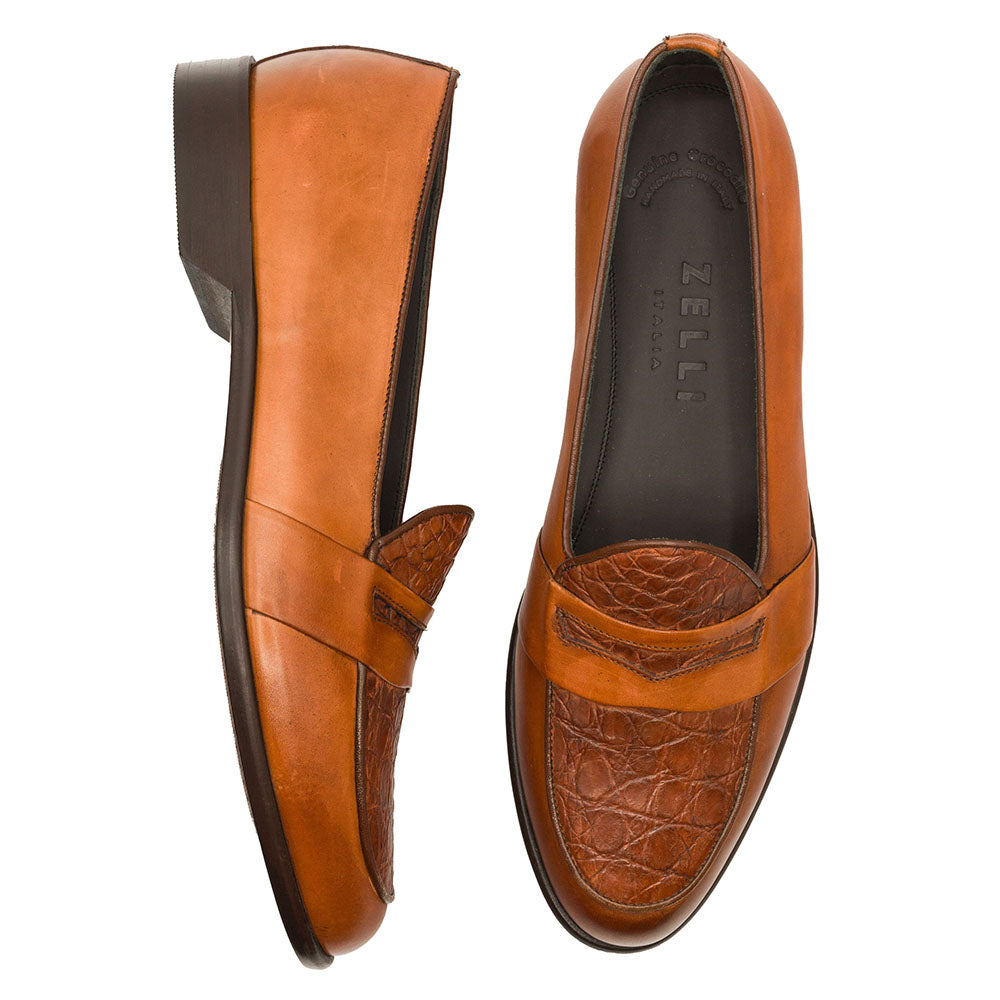 11-627-CGN MILAN Crocodile & Calfskin Slip On Loafer, Cognac