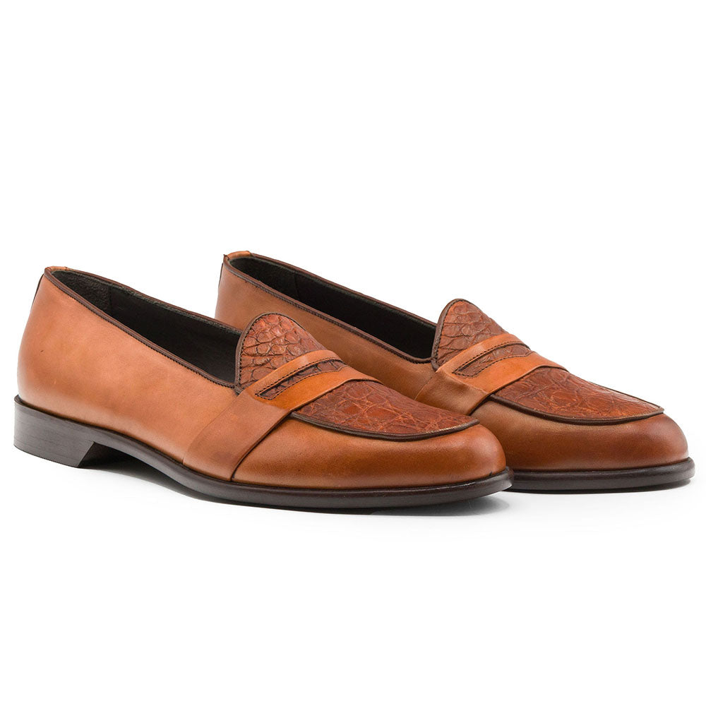 11-627-CGN MILAN Crocodile & Calfskin Slip On Loafer, Cognac