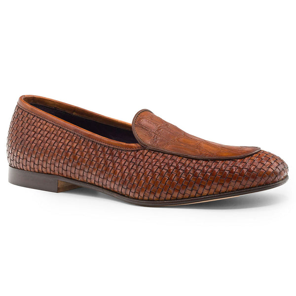 11-620-CGN PALIO Genuine Crocodile and Calfskin Basketweave Slip On, Cognac