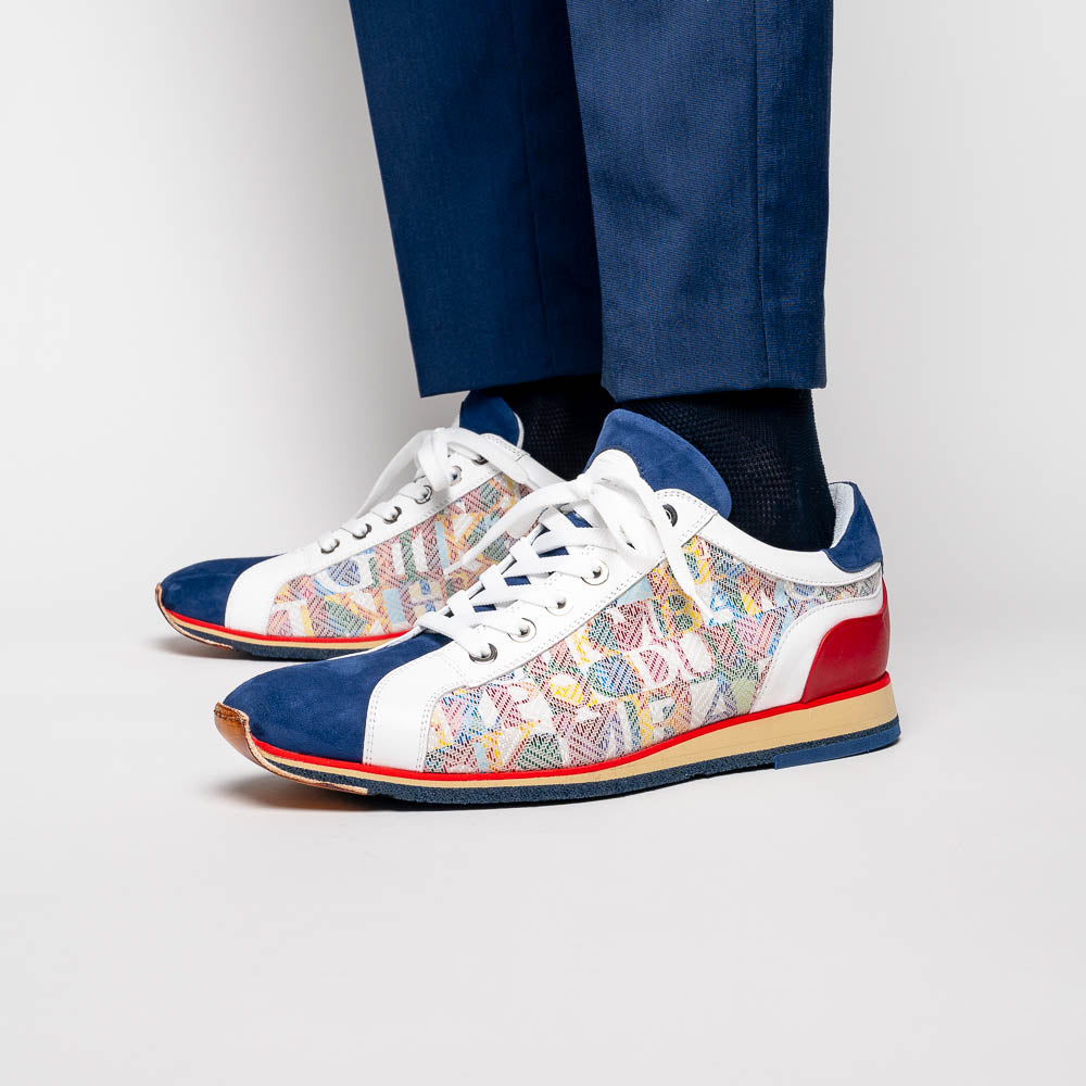 65-211-BLU ALPHA Sueded Calfskin with Print Sneaker, Blue