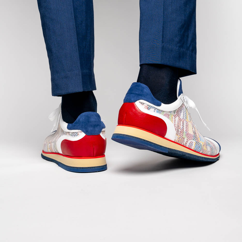 65-211-BLU ALPHA Sueded Calfskin with Print Sneaker, Blue