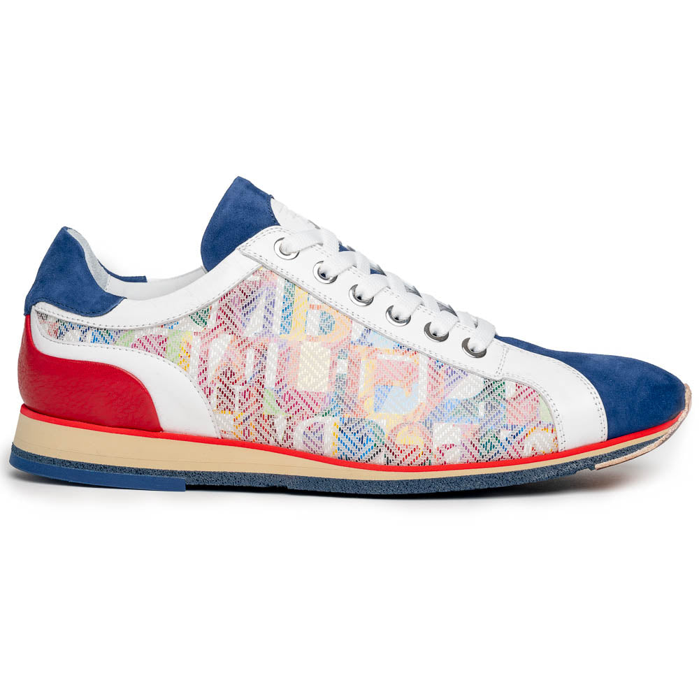 65-211-BLU ALPHA Sueded Calfskin with Print Sneaker, Blue