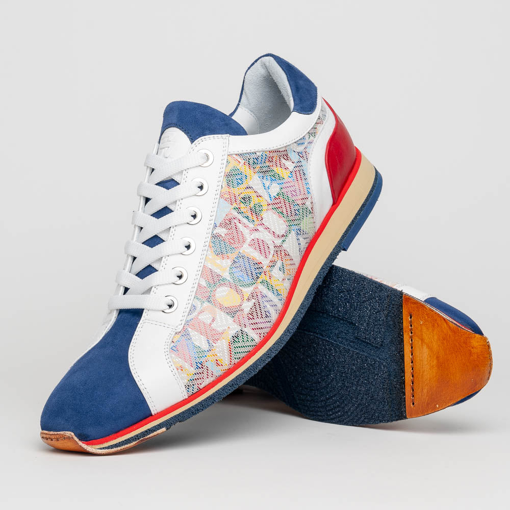 65-211-BLU ALPHA Sueded Calfskin with Print Sneaker, Blue