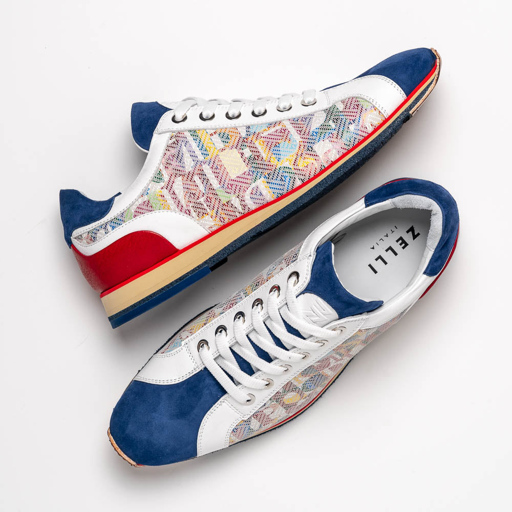 65-211-BLU ALPHA Sueded Calfskin with Print Sneaker, Blue