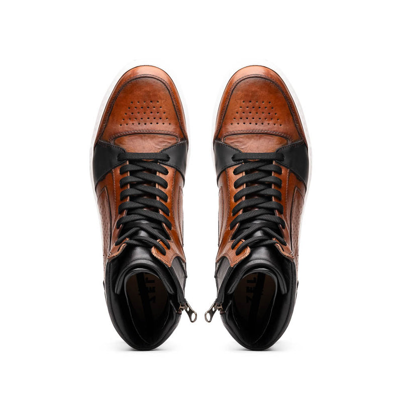 65-356-BRN BRAVO Italian Burnished Calfskin High Top Dress Sneaker Black / Brown