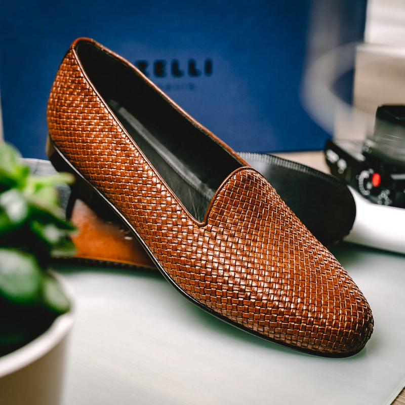 15-211-CGN CESTINO Calfskin Basketweave Slip On, Cognac