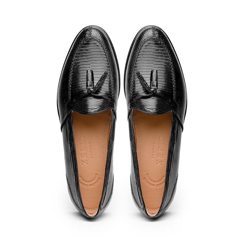 14-580-BLK FRANCO Teju Lizard Tassel Loafer, Black