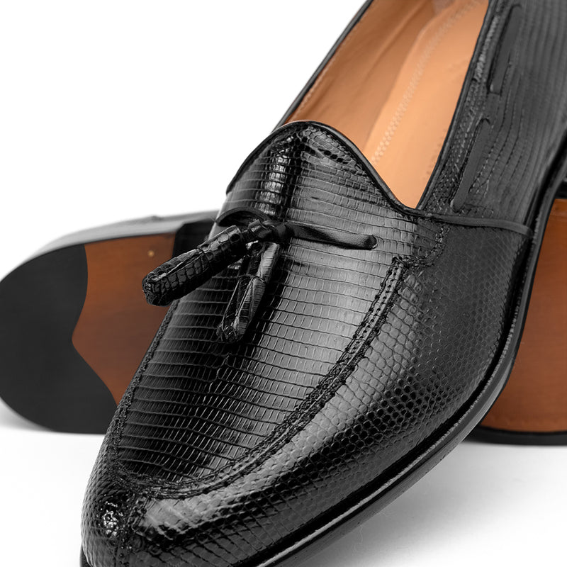 14-580-BLK FRANCO Teju Lizard Tassel Loafer, Black